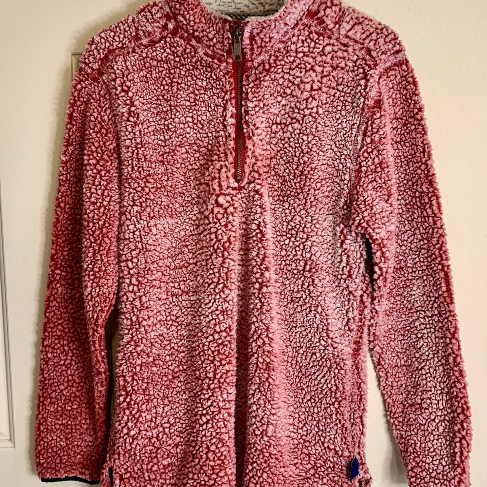Women’s pink/red fuzzy sherpa sweatshirt/pullover.